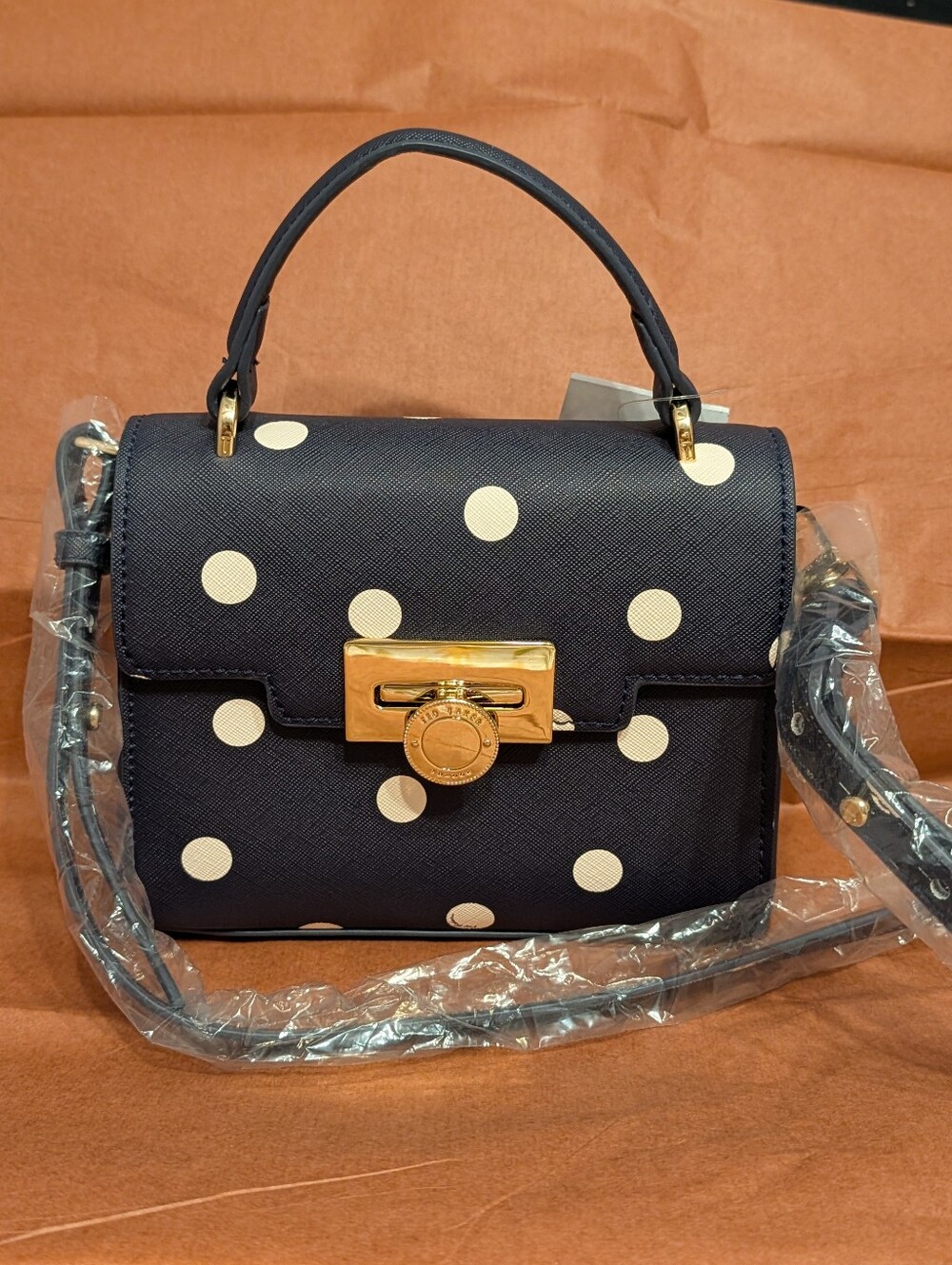Ted Baker Polka Dot Navy Top-Handle Crossbody Bag with Gold Hardware